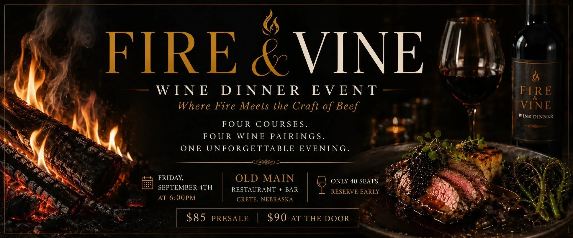 Flyer for the Fire & Vine wine dinner — four courses with four pairings